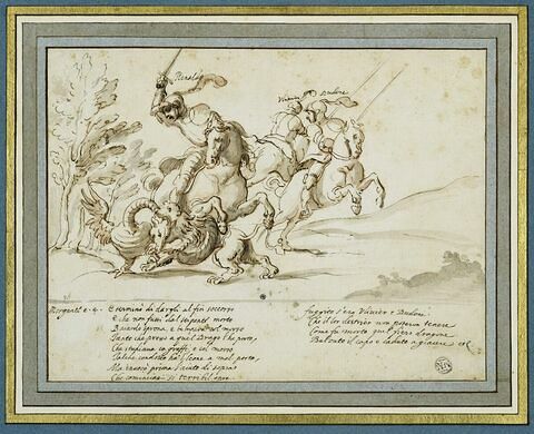 Renaud combattant un dragon et Dudon et Olivier emportés par leurs chevaux