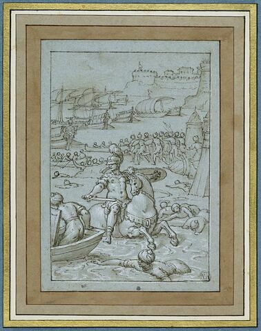 Bataille navale avec un cavalier attaquant un campement de turcs dansun port, image 1/3