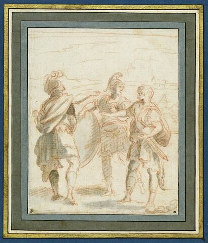 Achille se regardant dans son bouclier tenu par deux guerriers, image 1/3