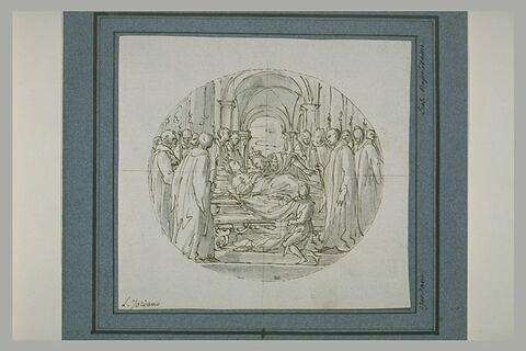 Une Reine sur un lit funèbre entourée de nombreuses figures, image 1/1