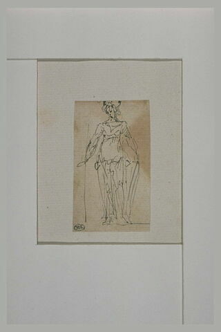 Femme tenant une lance et un bouclier, debout, drapée