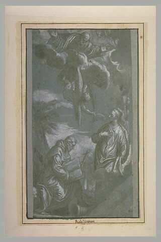 Saint François avec un livre, une sainte, Dieu et un ange tenant une palme