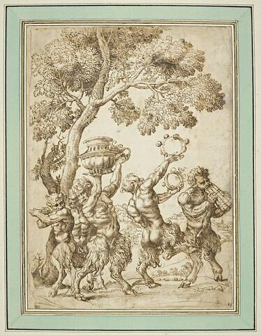 Cinq satyres dans un bois, jouant de divers instruments de musique