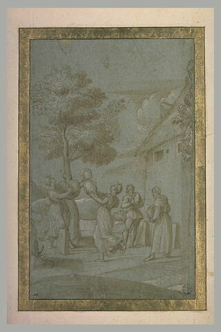 Quatre femmes et un homme autour d'un arbre où vole un essain d'abeilles, image 1/1
