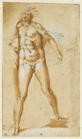 Un homme nu, debout, vu de face, s'élançant vers l'avant, image 1/2