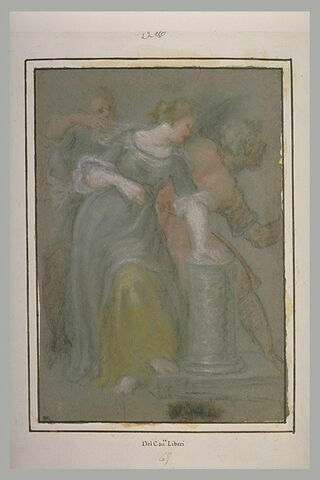 Une jeune femme appuyé sur une demi colonne et deux hommes, image 2/2