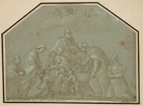 La Vierge à l'Enfant avec le petit saint Jean, à laquelle une femme présente un autre enfant, deux autres femmes et deux donateurs, image 1/2