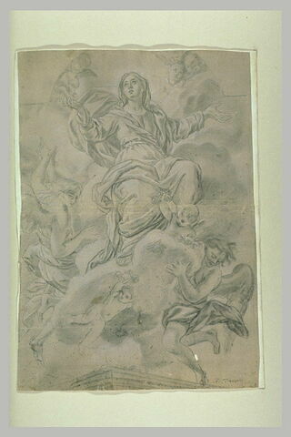 La Vierge assise sur des nuages, entourée d'anges, image 1/1