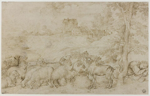 Paysage avec un berger endormi près de son troupeau, avec un village au loin, image 1/2