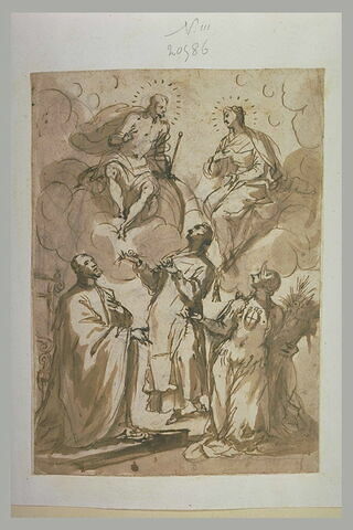 Trois figures adorant la Vierge et le Christ assis sur des nuages, image 1/1