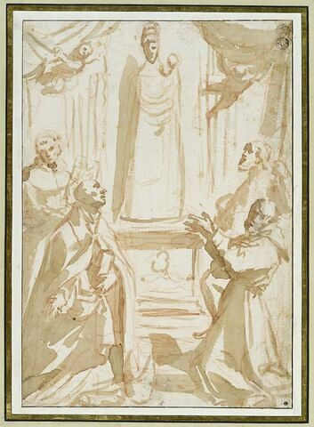 Quatre religieux adorant la statue de la Vierge à l'Enfant
