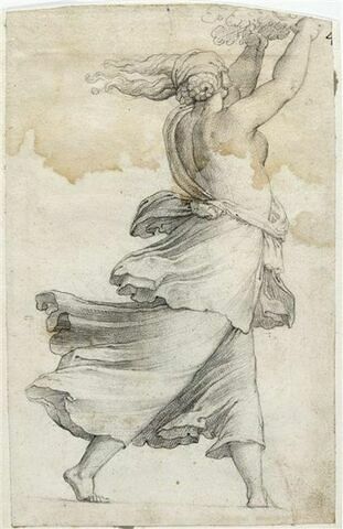 Une femme debout, vue de dos : figure du Jardin des Hespérides