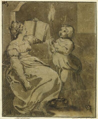 Femme assise tenant un livre et jeune fille tenant une torche, image 1/3