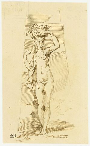 Une femme nue debout, portant une corbeille de fruits sur la tête
