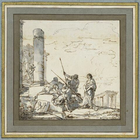 Paysage de ruines arcadien avec un apôtre préchant devant des soldats