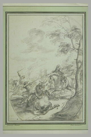 Combat de cavalerie : un soldat affronte un cavalier armé d'un pistolet
