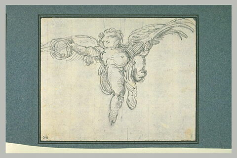 Un ange volant et plafonnant tenant une couronne d'épines et une palme, image 1/1