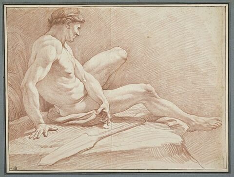 Homme nu, assis près d'une rame, de profil vers la droite, image 1/2