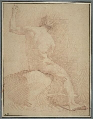 Figure nue, assise, vue de dos, le bras gauche levé, image 1/2