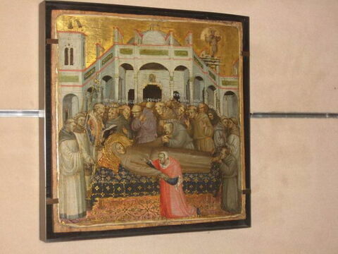 Les funérailles de saint François : vérification des stigmates en présence des premiers frères franciscains, Sylvestre, Angélus, Léon, Philippe, Pierre, Bernard, Sabatinus, Barbaro, Gilles, Masseus, Maurice., image 2/2