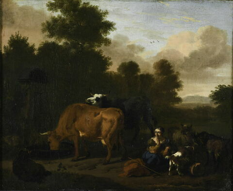 Vaches, moutons, chèvre et femme dans un paysage