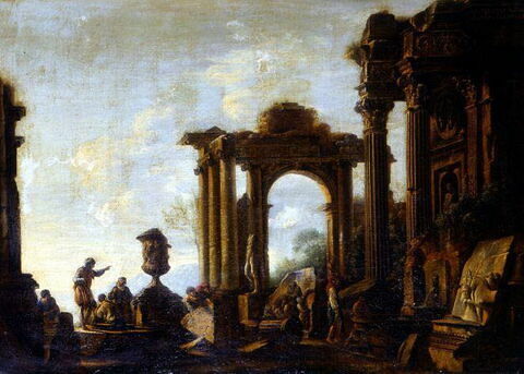 Ruines avec fontaine et arc