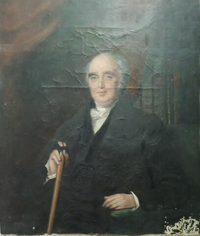 Portrait d'un président des États-Unis en buste. Il est assis, vu de face, a la tête découverte et tient une canne à la main droite., image 1/2