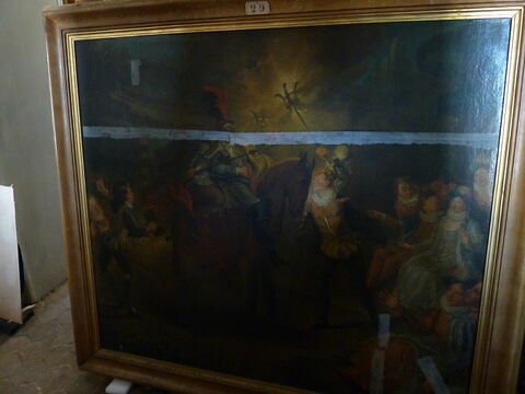 Don Quichotte et Sancho montés sur un cheval de bois, s'imaginant traverser les airs pour aller venger Doloride, image 2/2