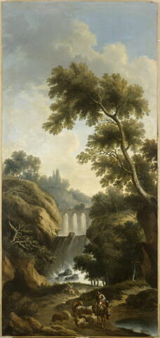 Paysage. Cascades et aqueduc entre des rochers