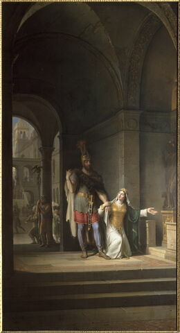 Clotilde suppliant Clovis son époux d'embrasser le christianisme avant son départ pour la bataille de Tolbiac, image 1/1
