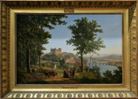 Vue du château de Pau, prise du grand parc, avec Henri IV enfant tenant un drapeau, image 2/3