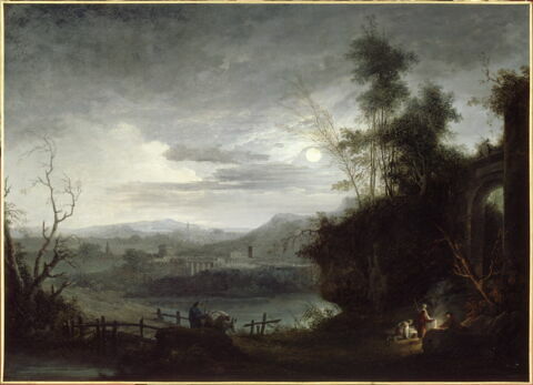 Un clair de lune avec groupe de figures se chauffant près d'un feu, image 6/6