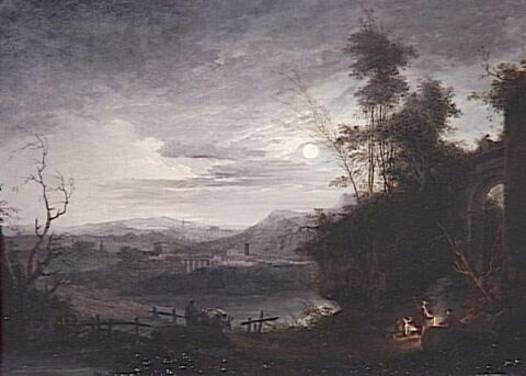 Un clair de lune avec groupe de figures se chauffant près d'un feu, image 5/6