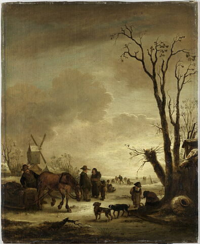 Paysage d'hiver avec moulin, patineurs et cheval attelé à un traîneau, image 1/3