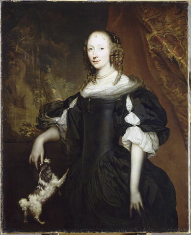 Portrait d'une dame de qualité sur un fond de parc, avec un épagneul nain à ses côtés, image 2/3