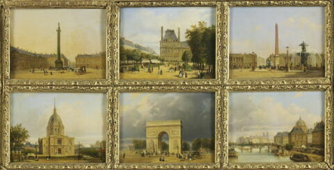 Six petites vues de Paris : Invalides, Place de la Concorde, Arc de Triomphe de l'Etoile, Pavillon de Marsan, Tuileries, Place Vendôme, Passerelle des Arts