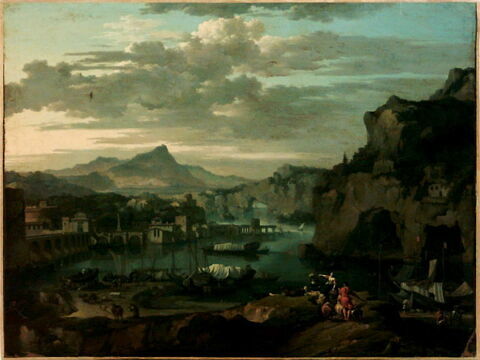 Bateaux au bord d’un lac dans un site montagneux. Paysage italianisant composé, image 2/2