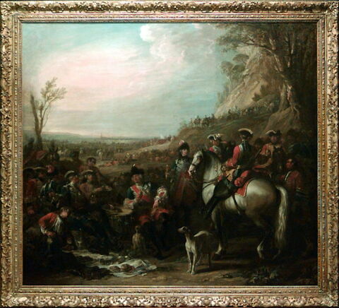 Halte de grenadiers à cheval de la Maison du Roi. Assis au centre, M. de Creil, leur commandant; au fond, la tranchée de Philippsbourg (juin 1734), image 5/5