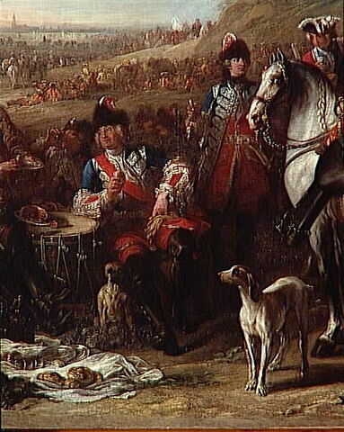 Halte de grenadiers à cheval de la Maison du Roi. Assis au centre, M. de Creil, leur commandant; au fond, la tranchée de Philippsbourg (juin 1734), image 3/5