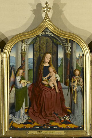 Triptyque de la famille Sedano : centre : La Vierge et l'Enfant trônant en reine du ciel, entre deux anges musiciens