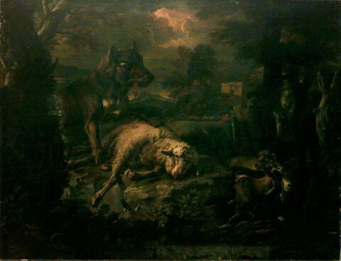 Un loup dévorant un mouton dans un paysage, avec troupeau et berger, image 3/3