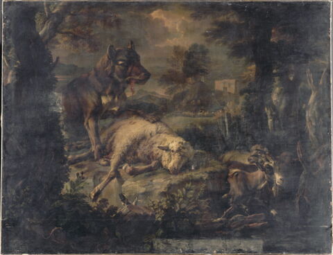 Un loup dévorant un mouton dans un paysage, avec troupeau et berger, image 2/3