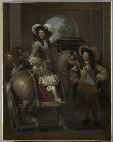 Portrait d'un gentilhomme à cheval avec carrosse devant une porte monumentale
