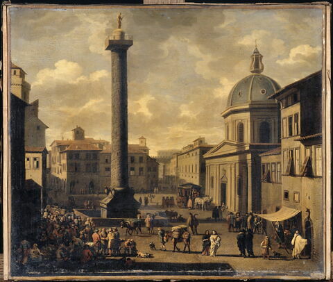 Vue de la place Colonna à Rome avec la Colonne Trajane et de l'église Sainte-Marie-de-Lorette à Rome