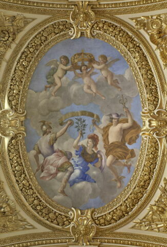 Plafond : Salon de la paix : au centre de la voûte: Allégorie du traite des Pyrénées ou La Paix fruit de la Guerre, image 2/11