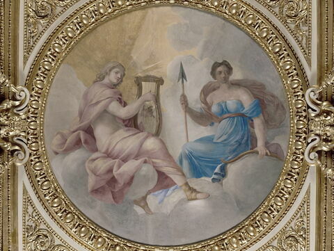 Plafond : Salle des Saisons - au centre de la voûte, composition circulaire: Apollon et Diane. A la voûte au dessus de la corniche, du sud vers le nord : Le Printems, image 1/7