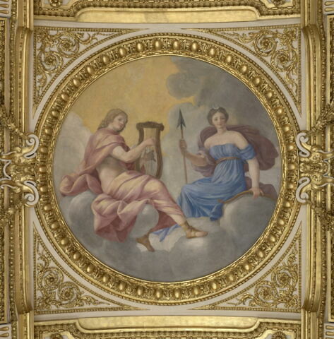 Plafond : Salle des Saisons - au centre de la voûte, composition circulaire: Apollon et Diane. A la voûte au dessus de la corniche, du sud vers le nord : Le Printems