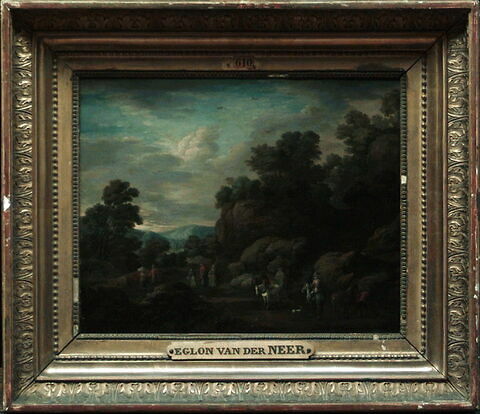 Paysage rocheux, avec chariot, cavalier et passants cheminant, image 2/2