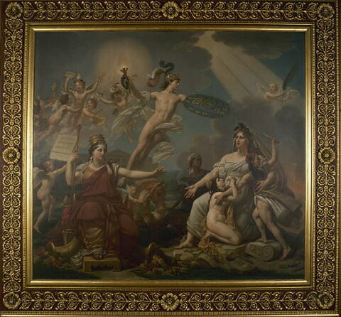Plafond : Le Génie de la France anime les Arts, protège l'Humanité. Voussures : enfants tenant l'écu royal, ou portant des guirlandes et des couronnes de laurier.