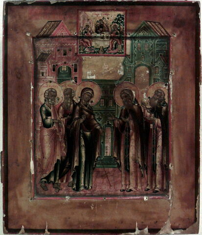 L'Apparition de la Vierge accompagnée des saints apôtres Pierre et Jean, à saint Serge de Radonège (1322-1392) et à son disciple Nikon, image 3/3